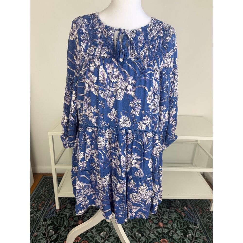BOG Collective Womens Floral Bohemian 3/4 Sleeve Babydoll Blue Tunic Top Small